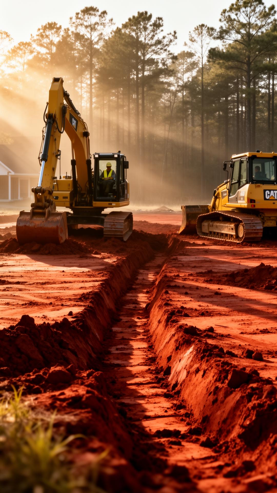 Excavator and dozer grading red Alabama clay at golden hour near Five Points