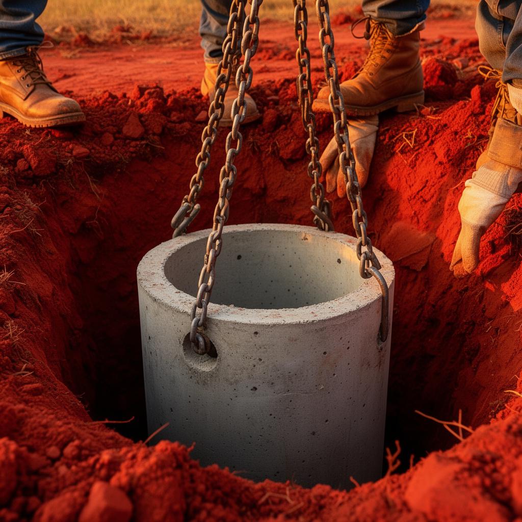 Concrete septic tank lowered into a freshly excavated trench in red clay